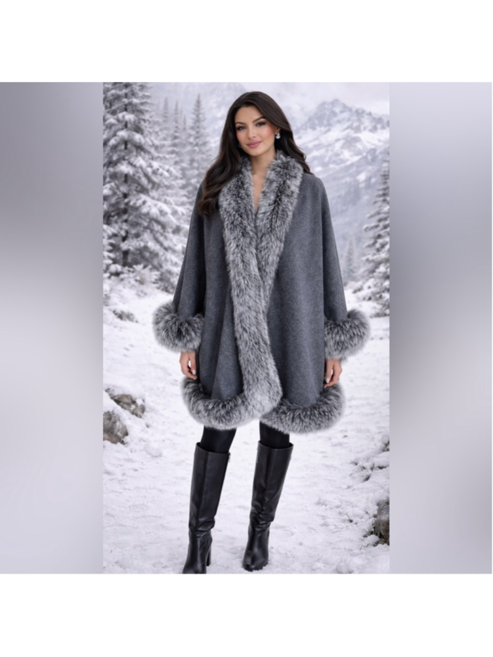 Gorski Gray Cashmere and Real Fox Fur Cape Luxury Outerwear OS